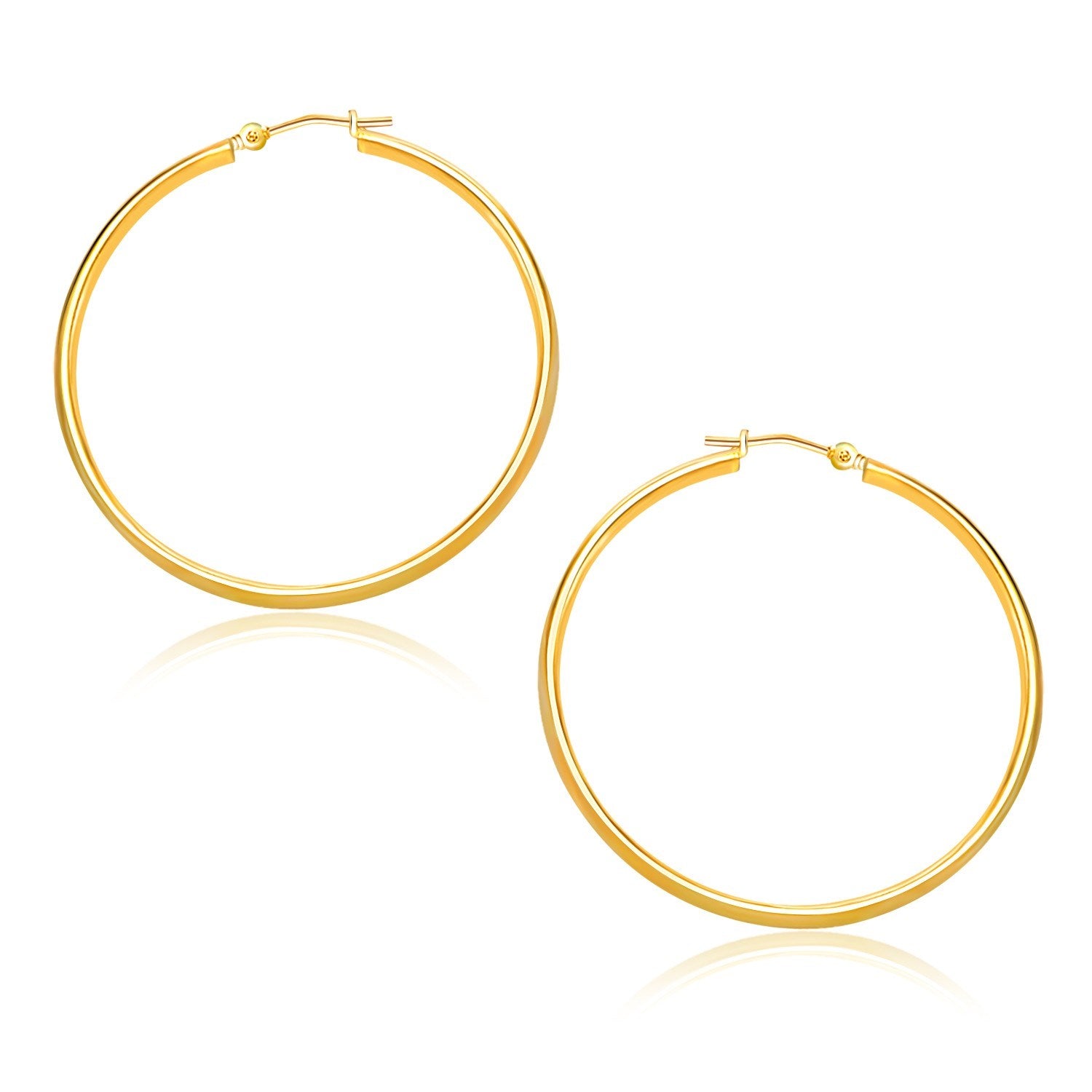 "Timeless 10k yellow gold hoop earrings with 30mm diameter and secure snap lock backing"