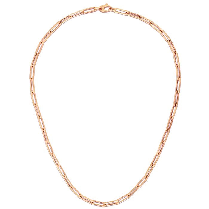 "14k rose gold paperclip chain with modern geometric links and a timeless polished shine"