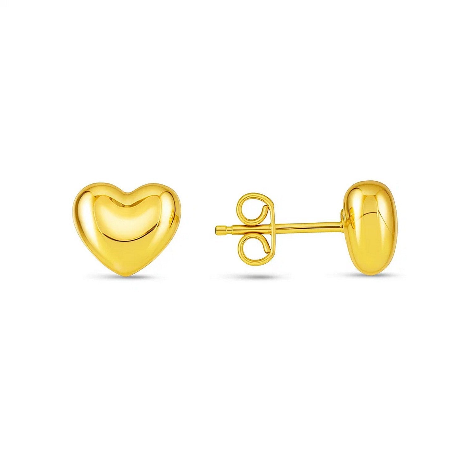 "14k yellow gold puffed heart earrings with polished finish and secure push back closures"