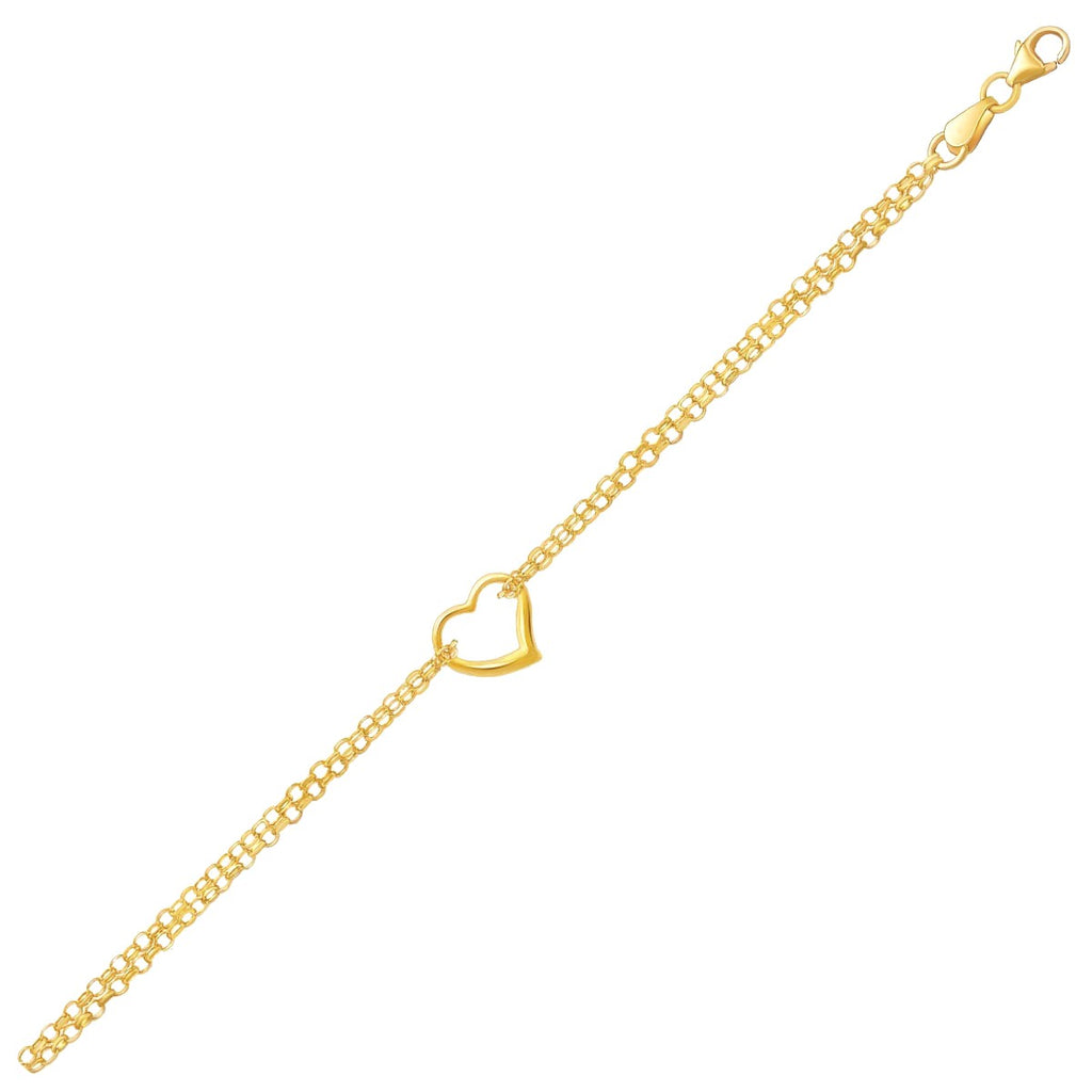 "Adjustable 10k yellow gold anklet with open heart motif and double rolo chain, 10 inches long with lobster clasp"
