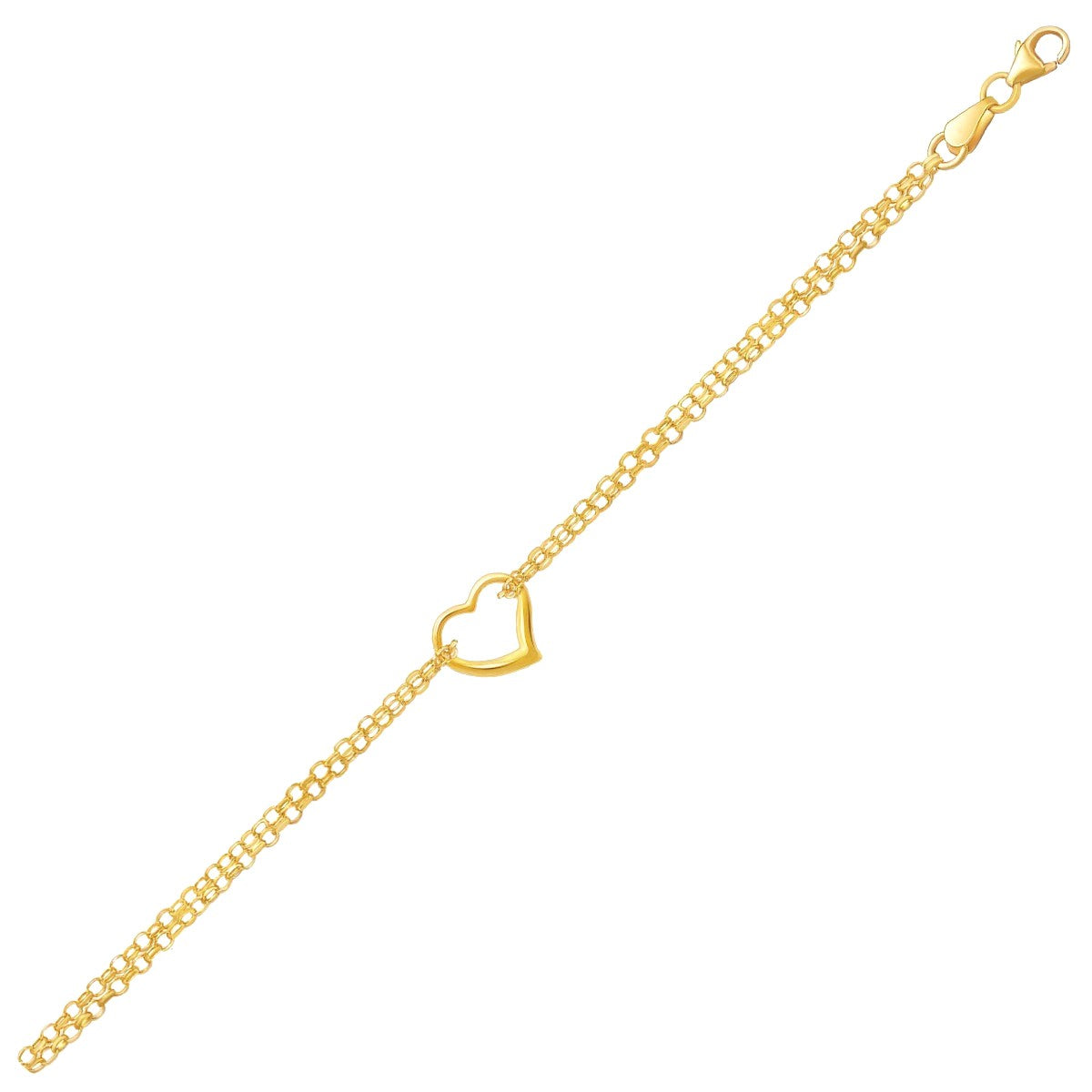 "Adjustable 10k yellow gold anklet with open heart motif and double rolo chain, 10 inches long with lobster clasp"