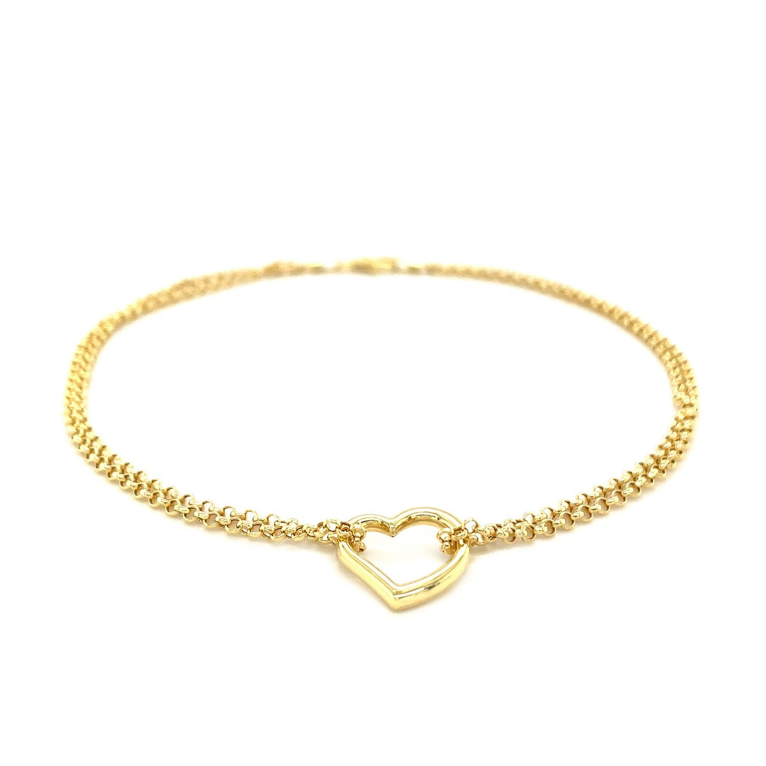 "Adjustable 10k yellow gold anklet with open heart motif and double rolo chain, 10 inches long with lobster clasp"