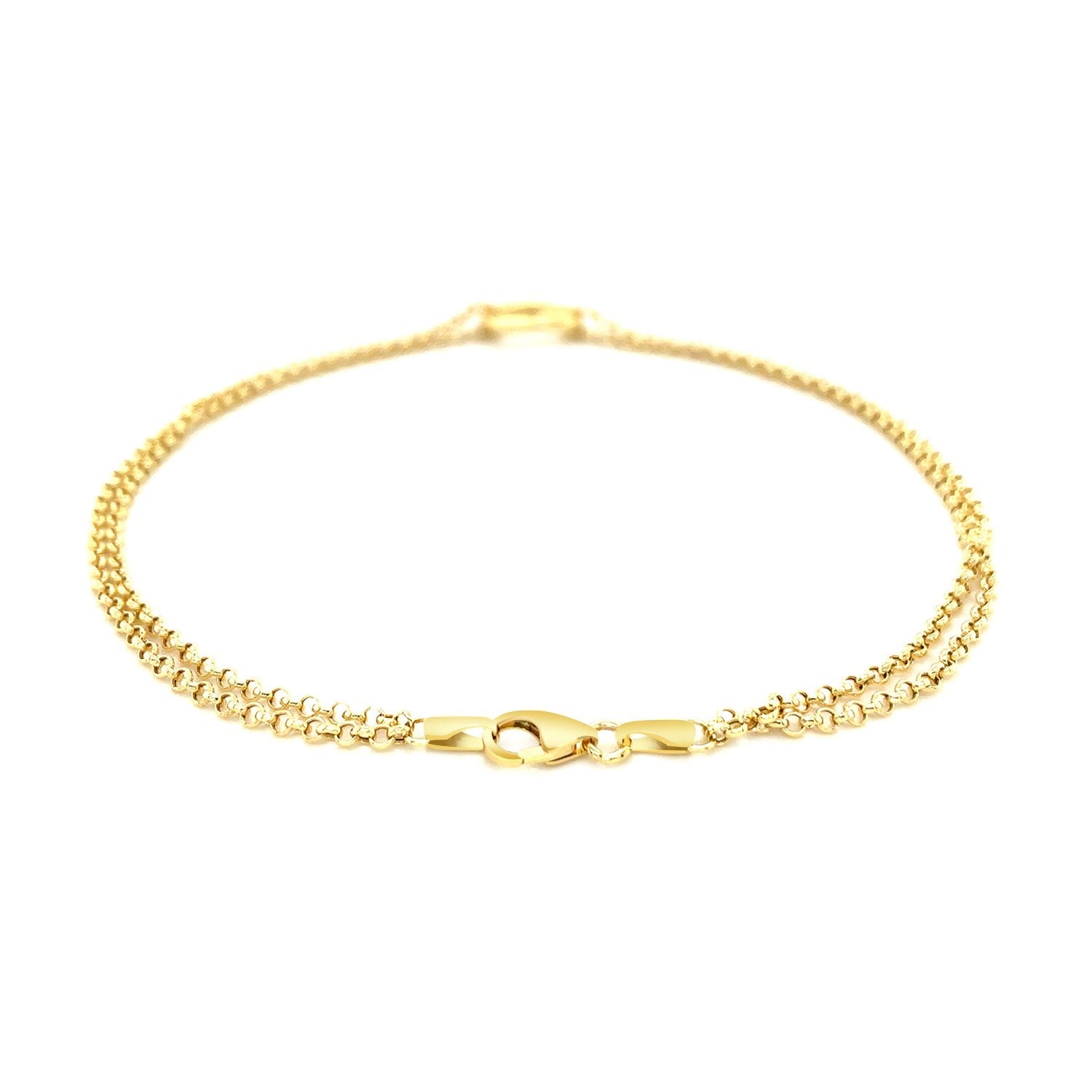 "Adjustable 10k yellow gold anklet with open heart motif and double rolo chain, 10 inches long with lobster clasp"