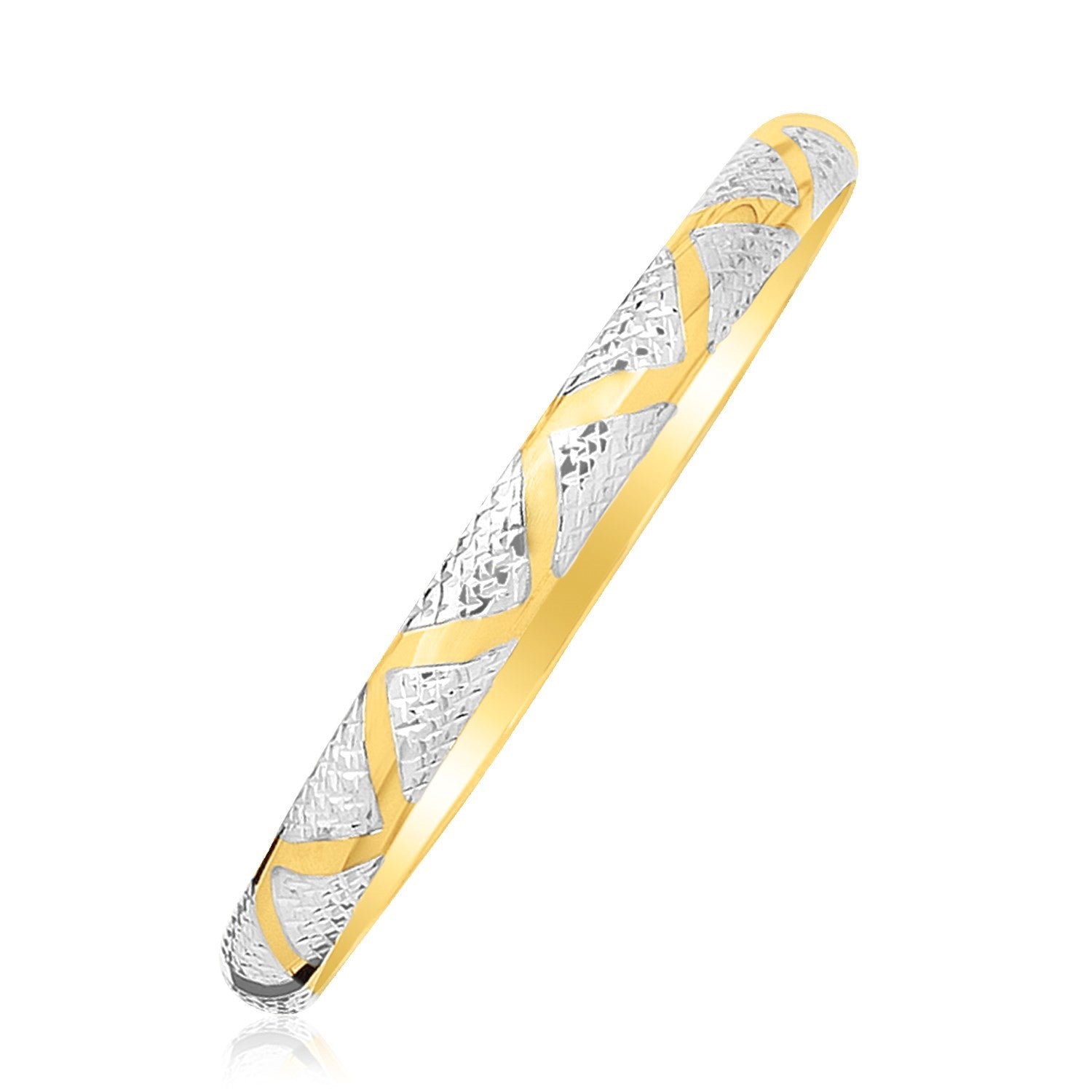 "Elegant 10k yellow and white gold two-tone bangle with polished zigzag sections and textured details, 7 inches"