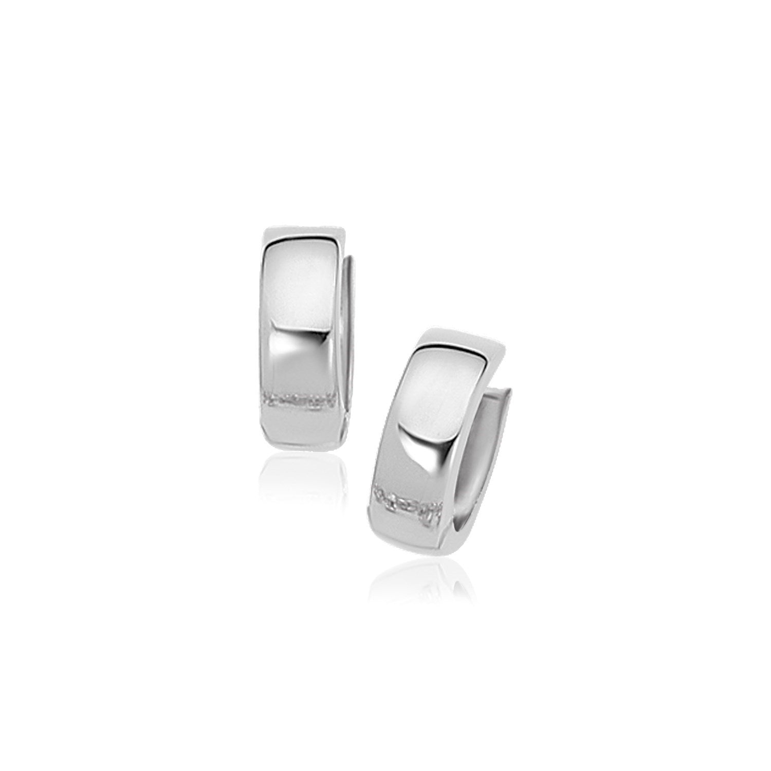 "Elegant 10k white gold snuggable earrings with a smooth finish and hinged snap back closures."