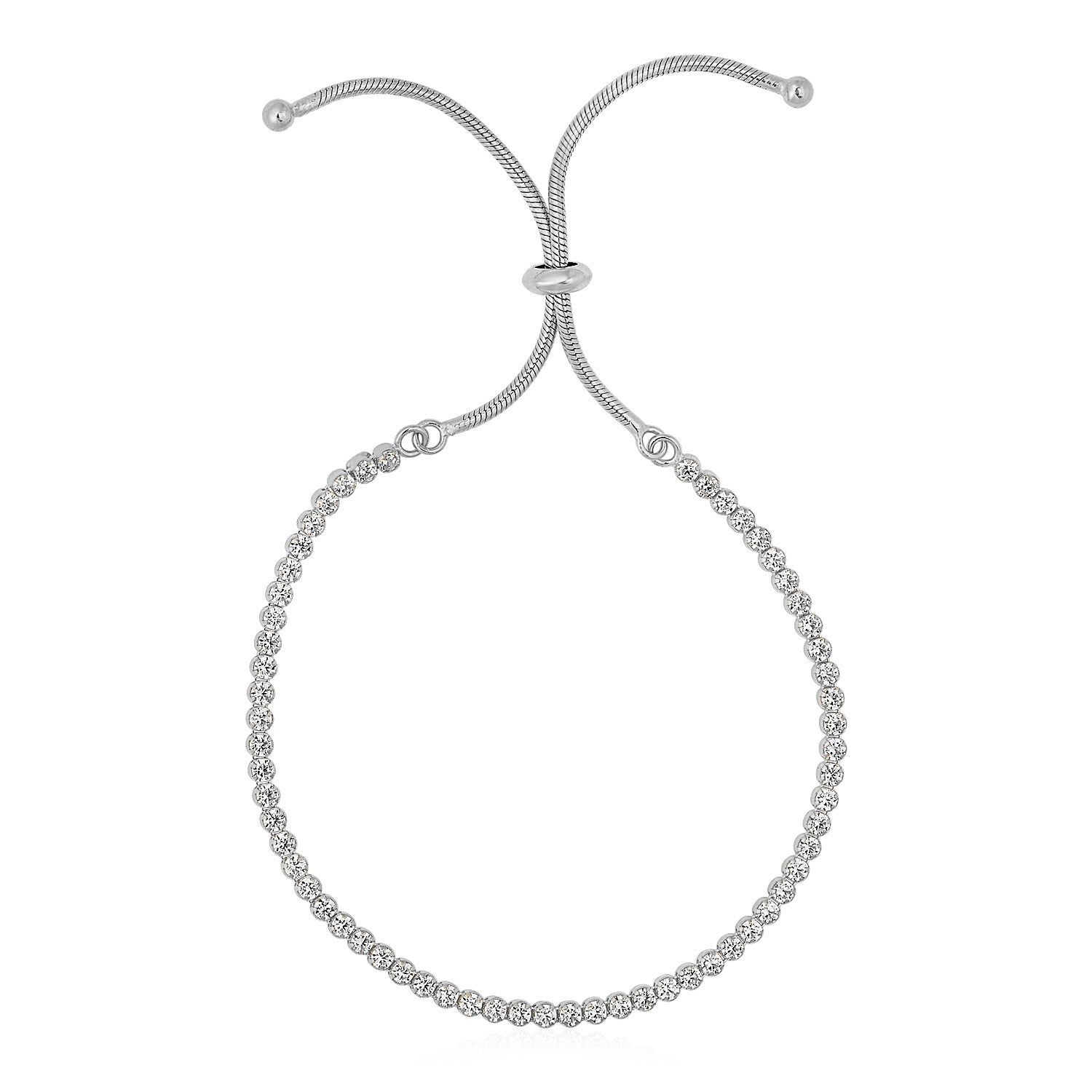 Adjustable classic tennis bracelet with white-toned settings and Cubic Zirconia, finished with a drawstring clasp.