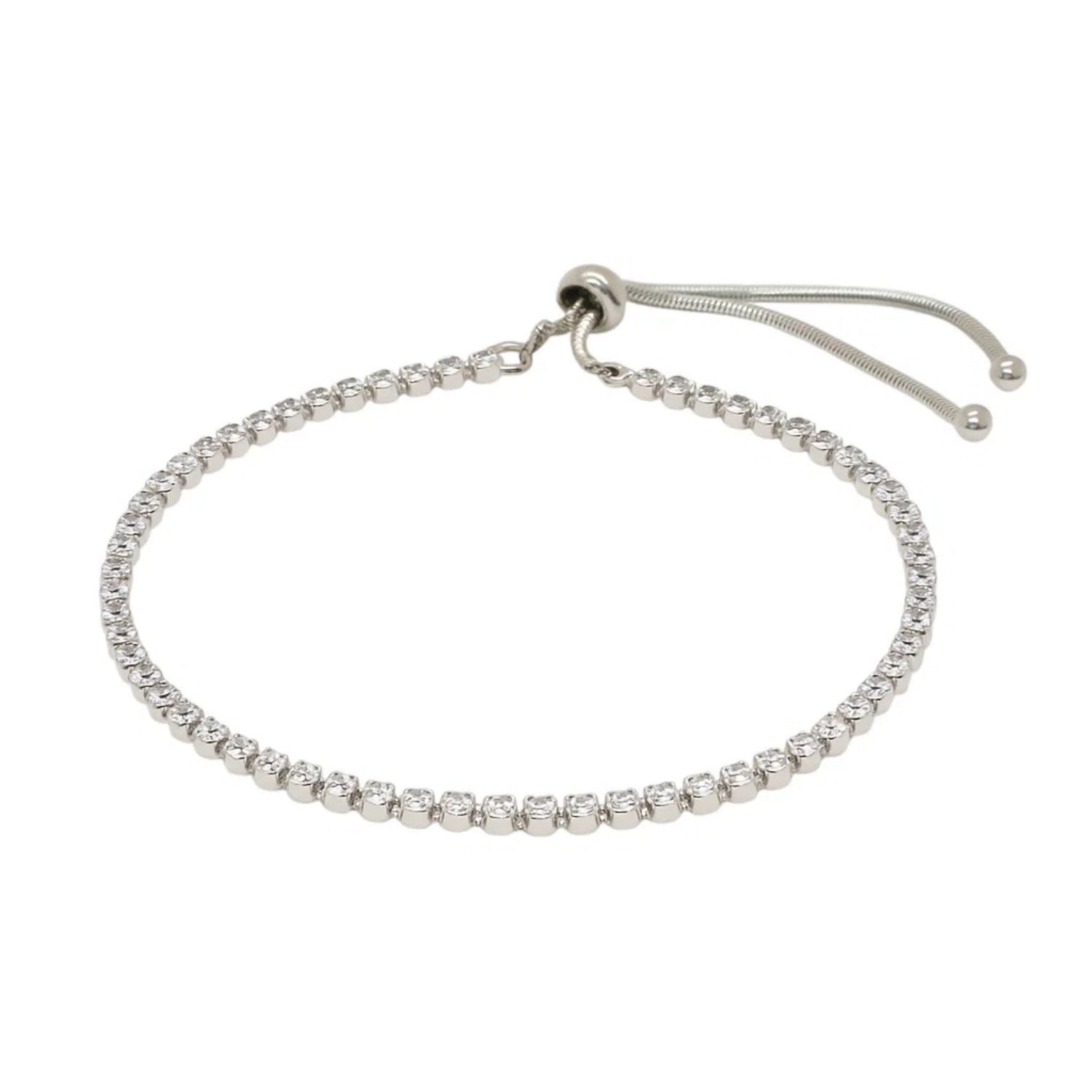 Adjustable classic tennis bracelet with white-toned settings and Cubic Zirconia, finished with a drawstring clasp.