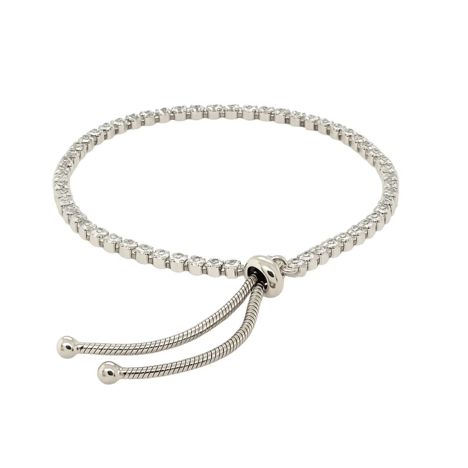 Adjustable classic tennis bracelet with white-toned settings and Cubic Zirconia, finished with a drawstring clasp.