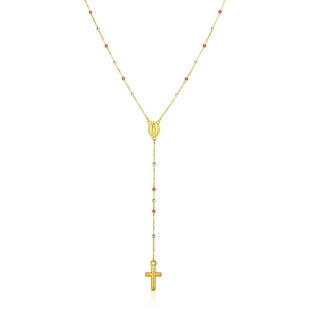 Stunning 26-inch rosary necklace with polished 14k yellow, white, and rose gold beads and a 14k gold cross.