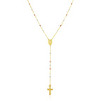 Stunning 26-inch rosary necklace with polished 14k yellow, white, and rose gold beads and a 14k gold cross.