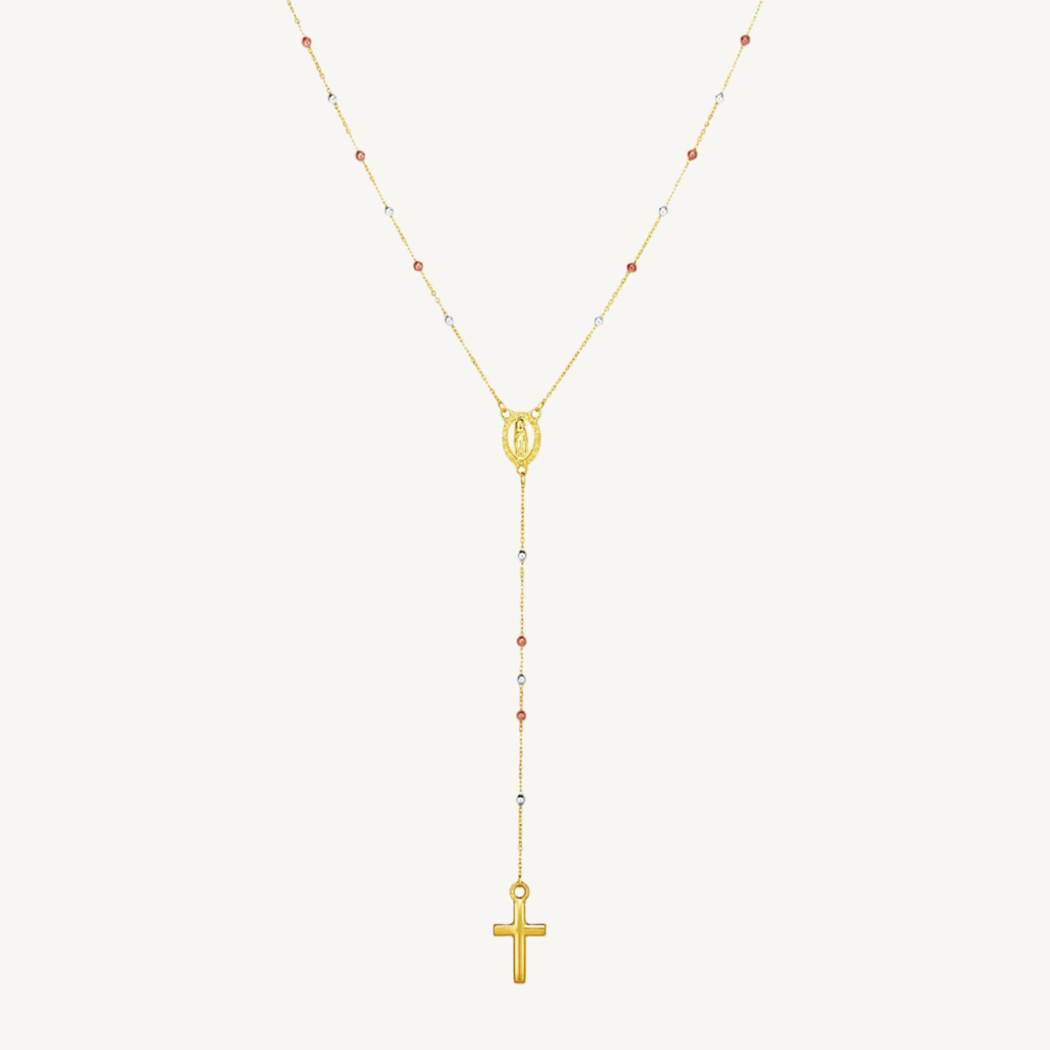 Stunning 26-inch rosary necklace with polished 14k yellow, white, and rose gold beads and a 14k gold cross.