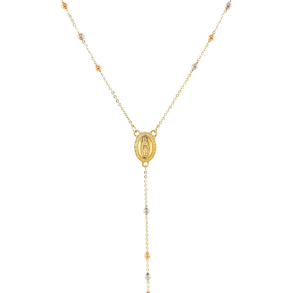 Stunning 26-inch rosary necklace with polished 14k yellow, white, and rose gold beads and a 14k gold cross.