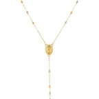 Stunning 26-inch rosary necklace with polished 14k yellow, white, and rose gold beads and a 14k gold cross.