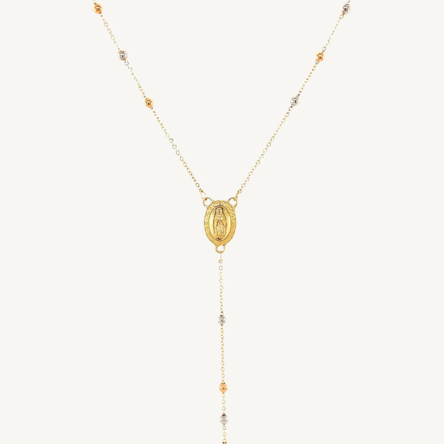 Stunning 26-inch rosary necklace with polished 14k yellow, white, and rose gold beads and a 14k gold cross.
