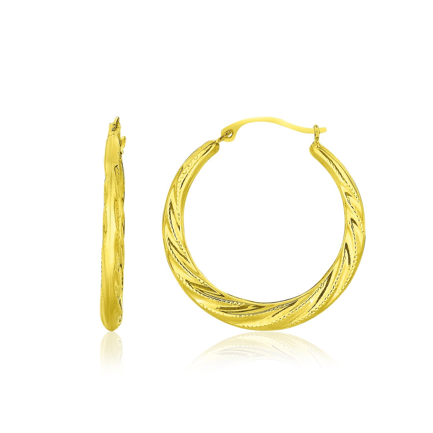 10k yellow gold graduated round hoop earrings with delicate twist texture and snapback closures.