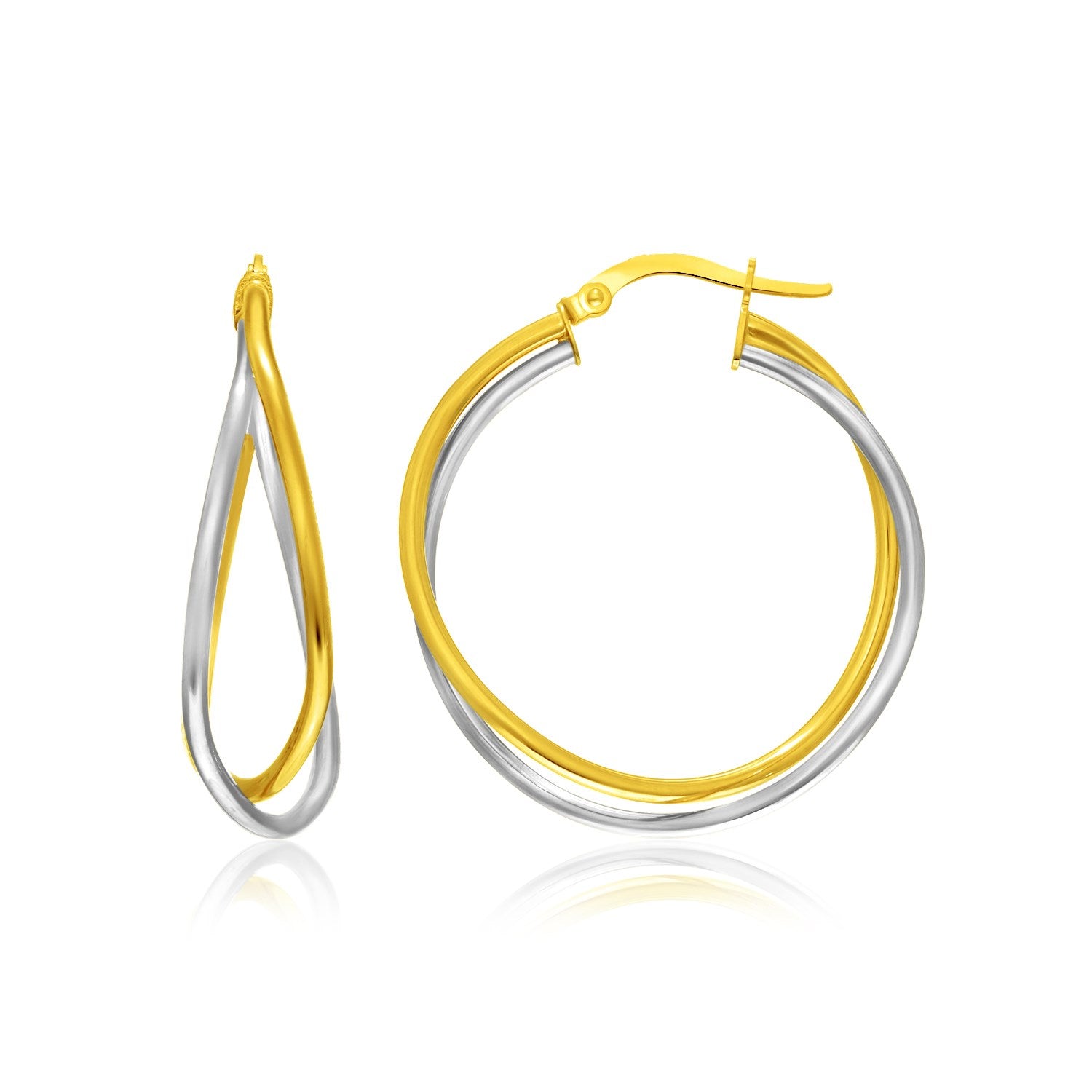 A pair of elegant intertwined double-row hoop earrings in 14k two-tone gold with a snapback closure.