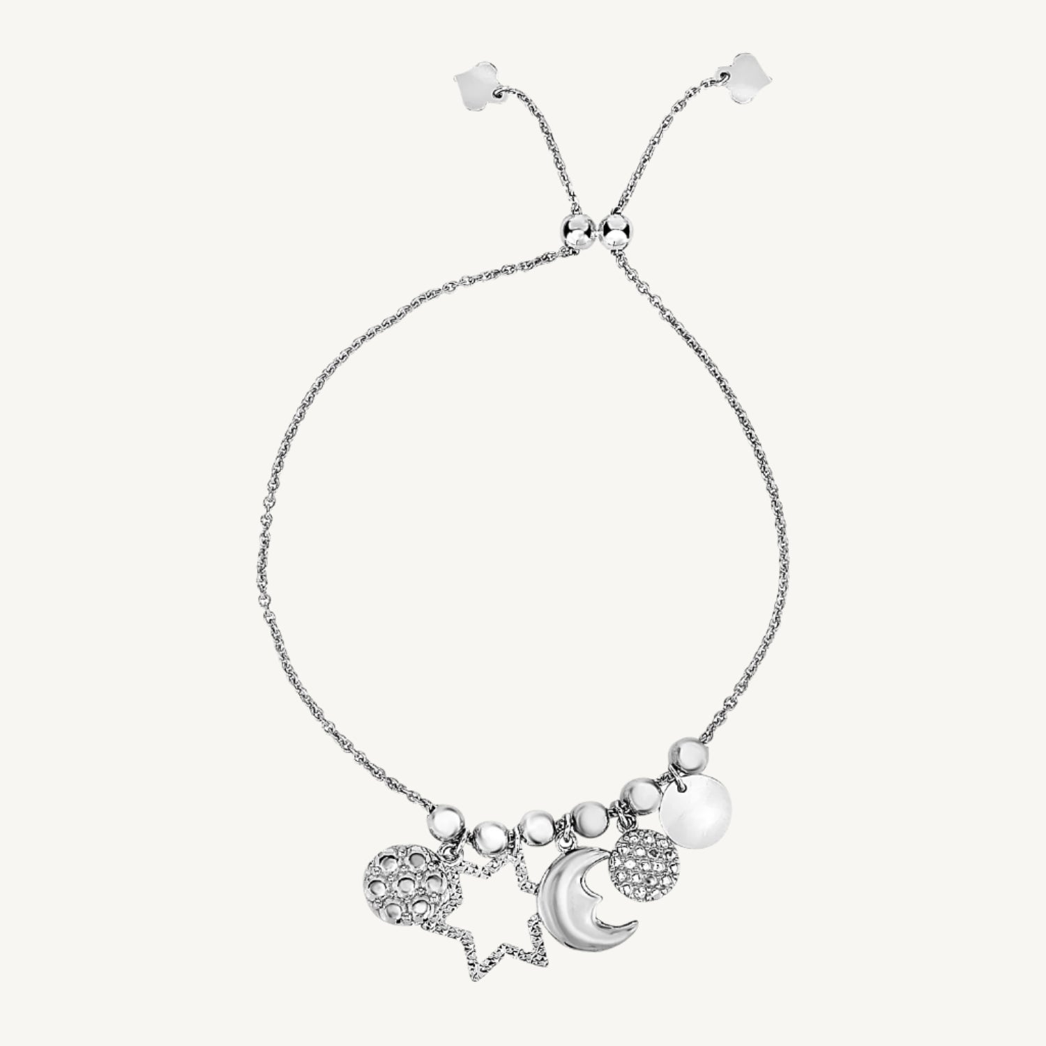 "Adjustable Sterling Silver Bracelet with Cubic Zirconia, celestial charms, and shiny silver beads, finished with a drawstring clasp"