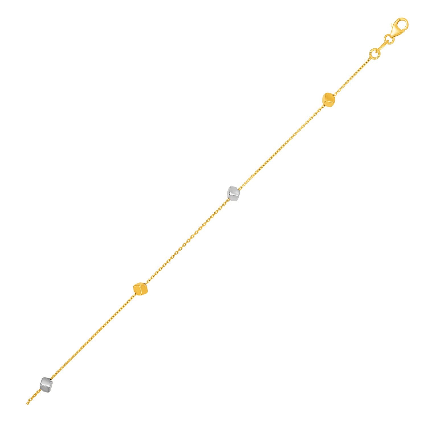 "14k Two Tone Gold Bracelet with yellow and white gold cube design, 7.5 inches long with lobster clasp"