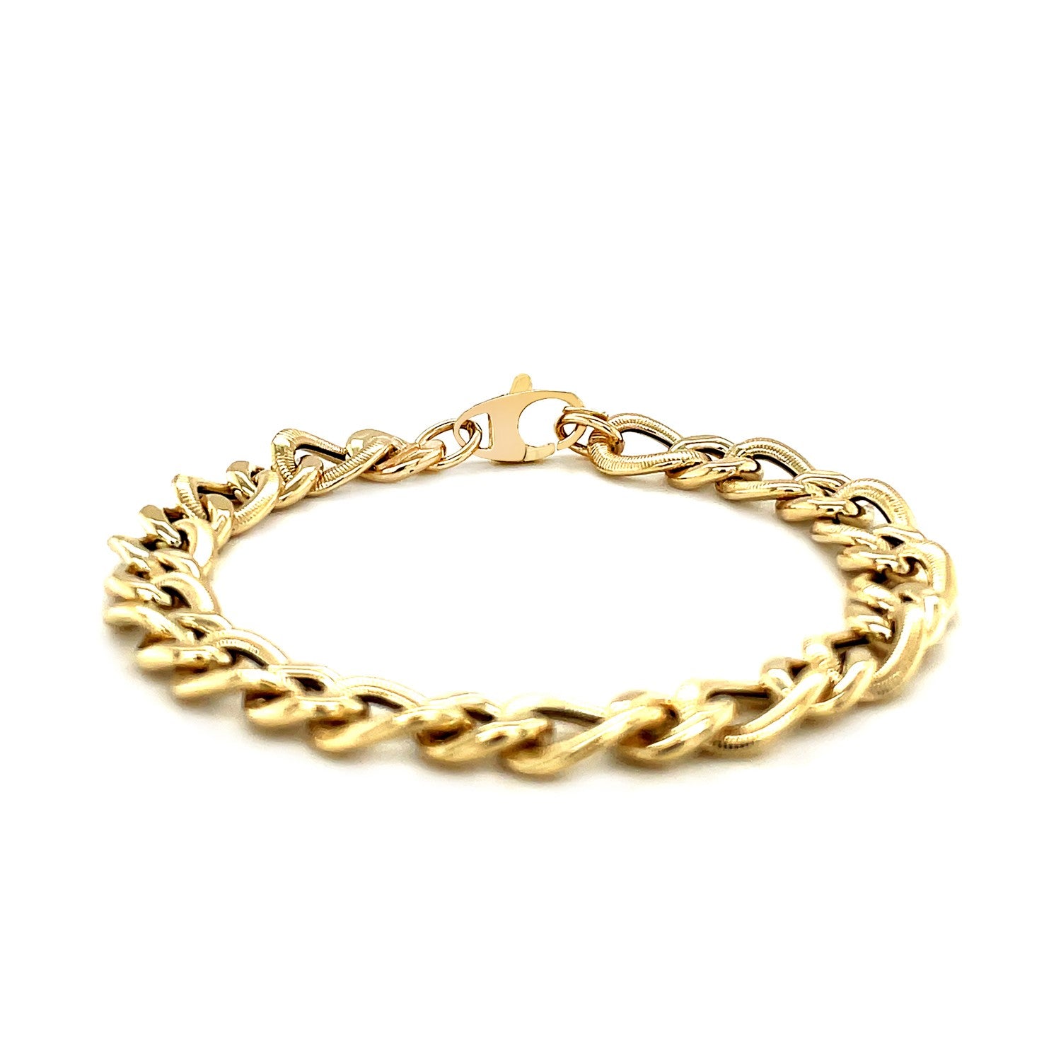 14k yellow tone gold curb chain bracelet with intricate diamond cuts, 7.25 inches long, secured with a fleur de lis lobster lock.