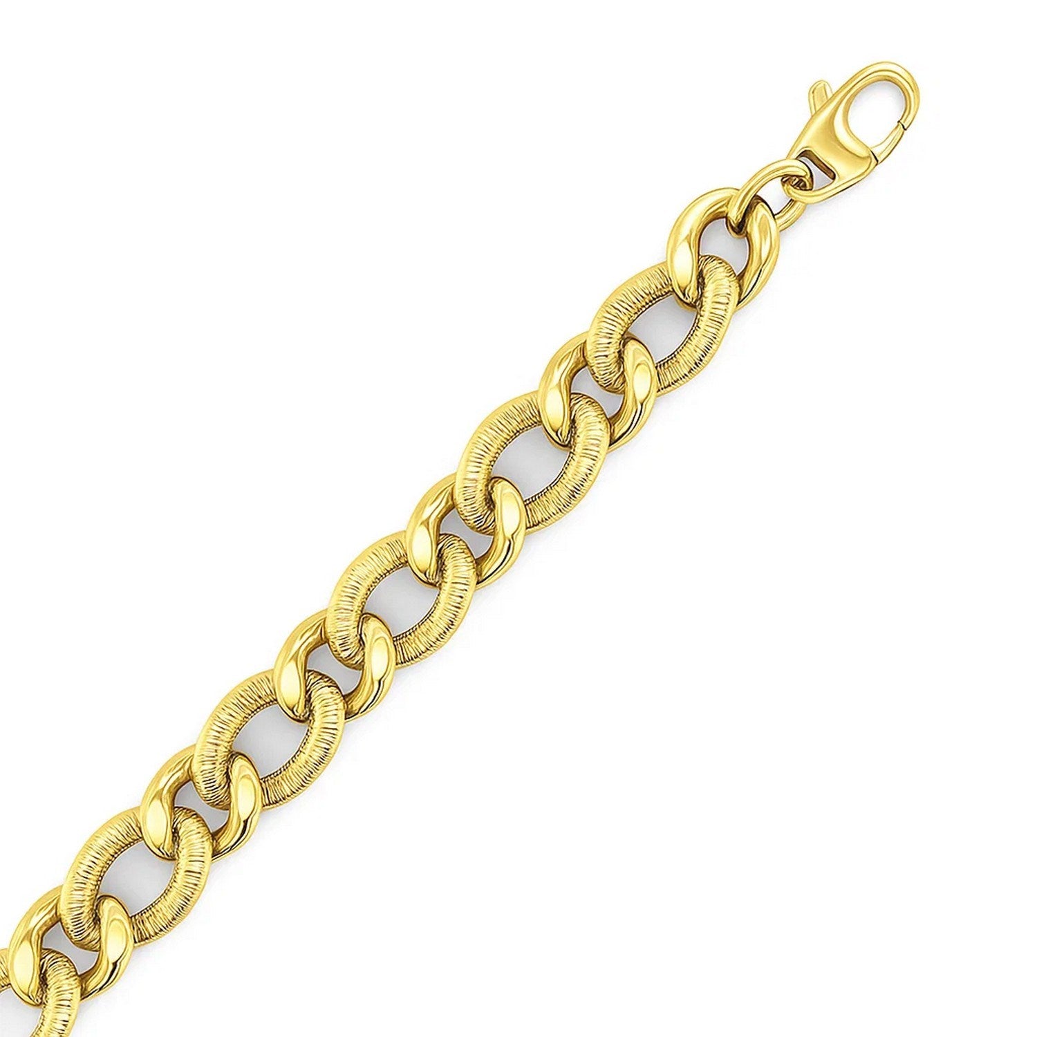 14k yellow tone gold curb chain bracelet with intricate diamond cuts, 7.25 inches long, secured with a fleur de lis lobster lock.
