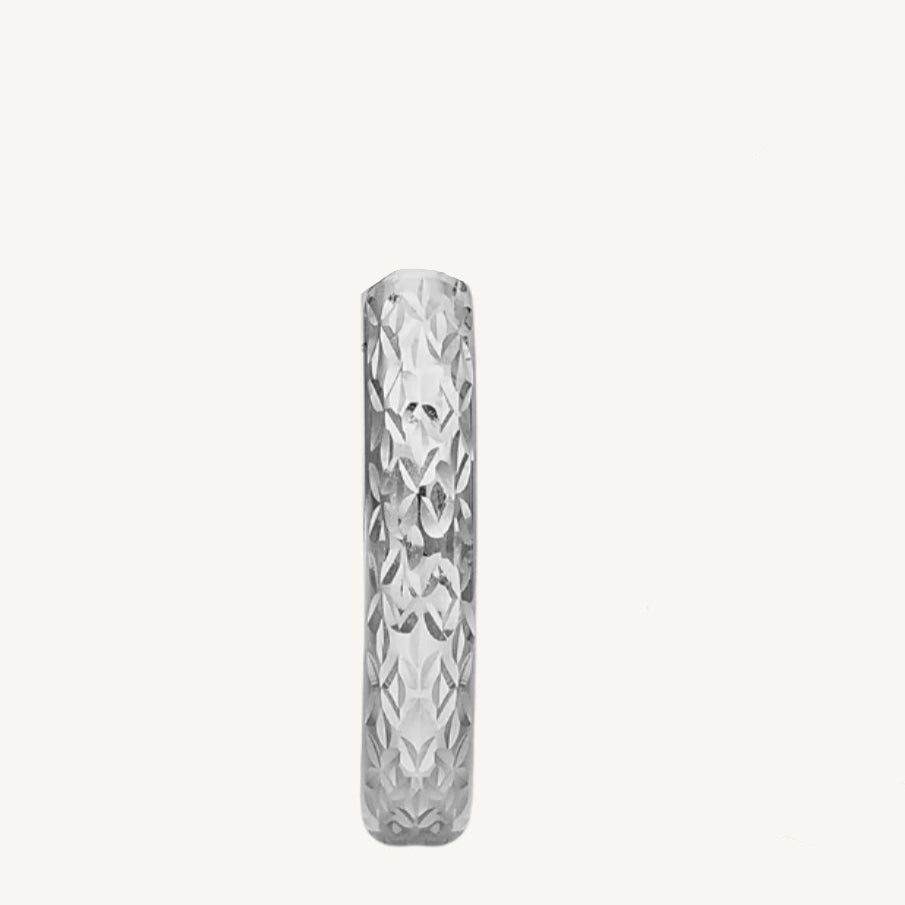 Fine white gold oval hoop earrings with a hammered texture, secured with a snap lock closure for added style and interest.
