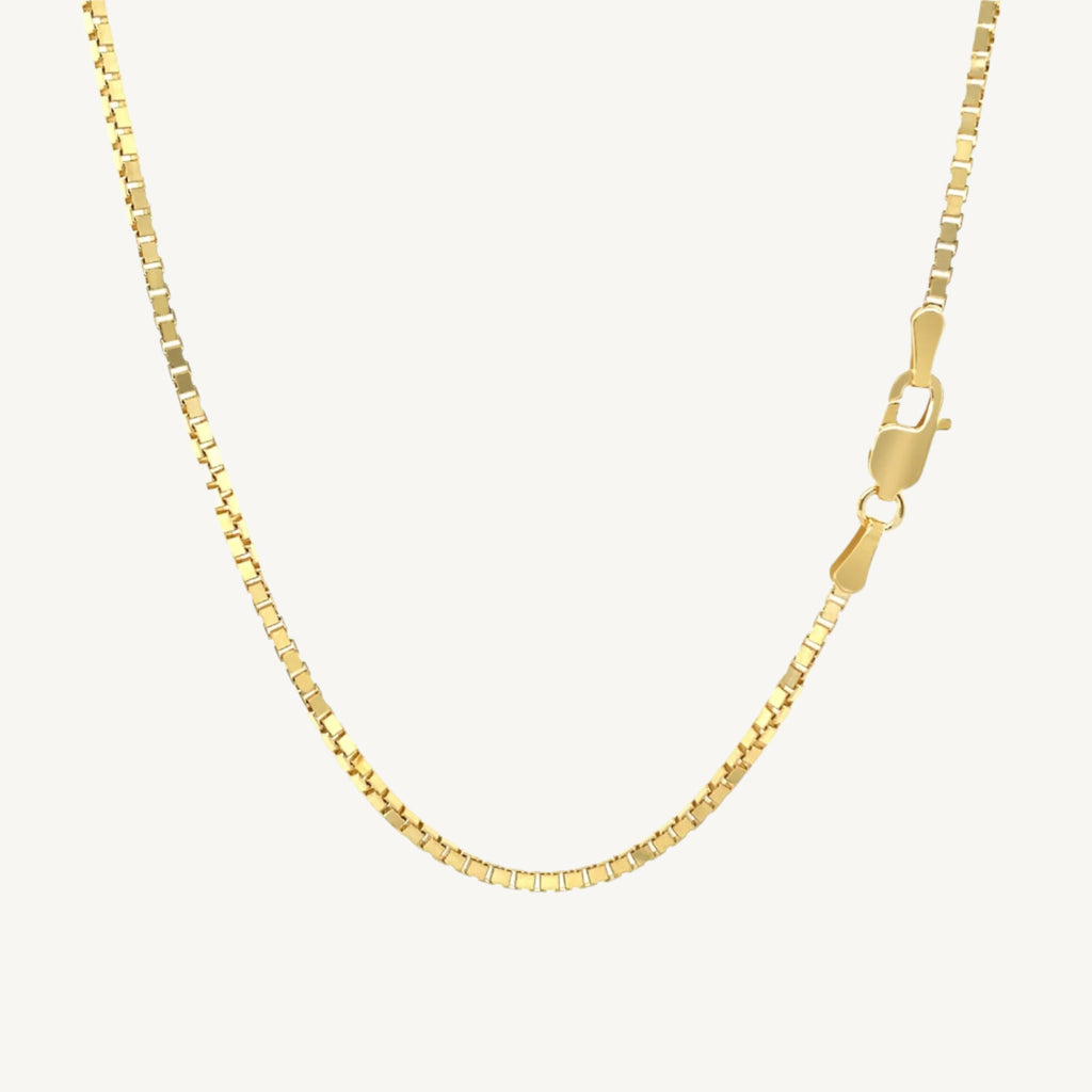 Classic 10K yellow gold box chain with a 1.4mm width, perfect for everyday elegance or layering.