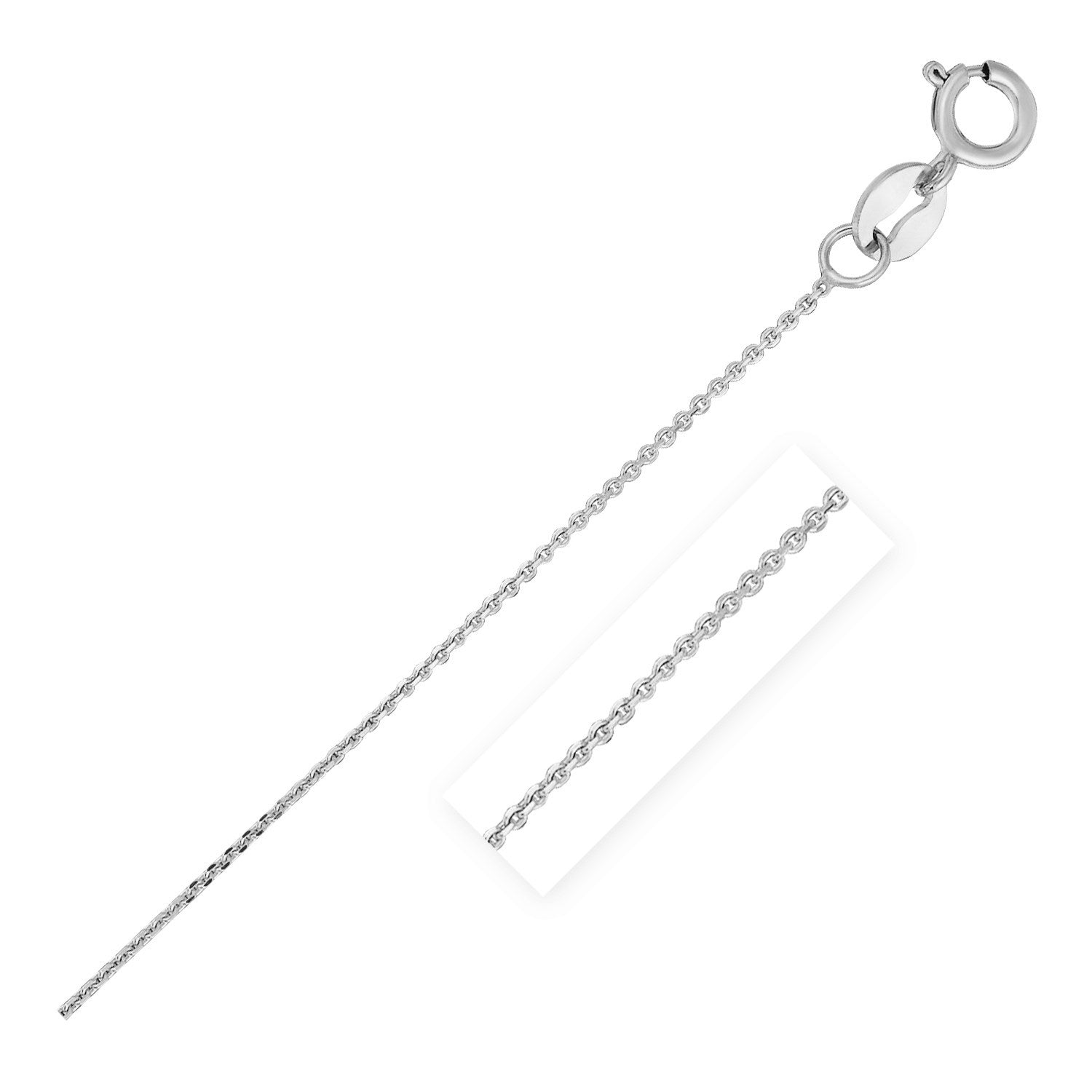 Delicate diamond-cut cable link chain in 14K white gold, 0.68mm wide, offering subtle sparkle and refined style.