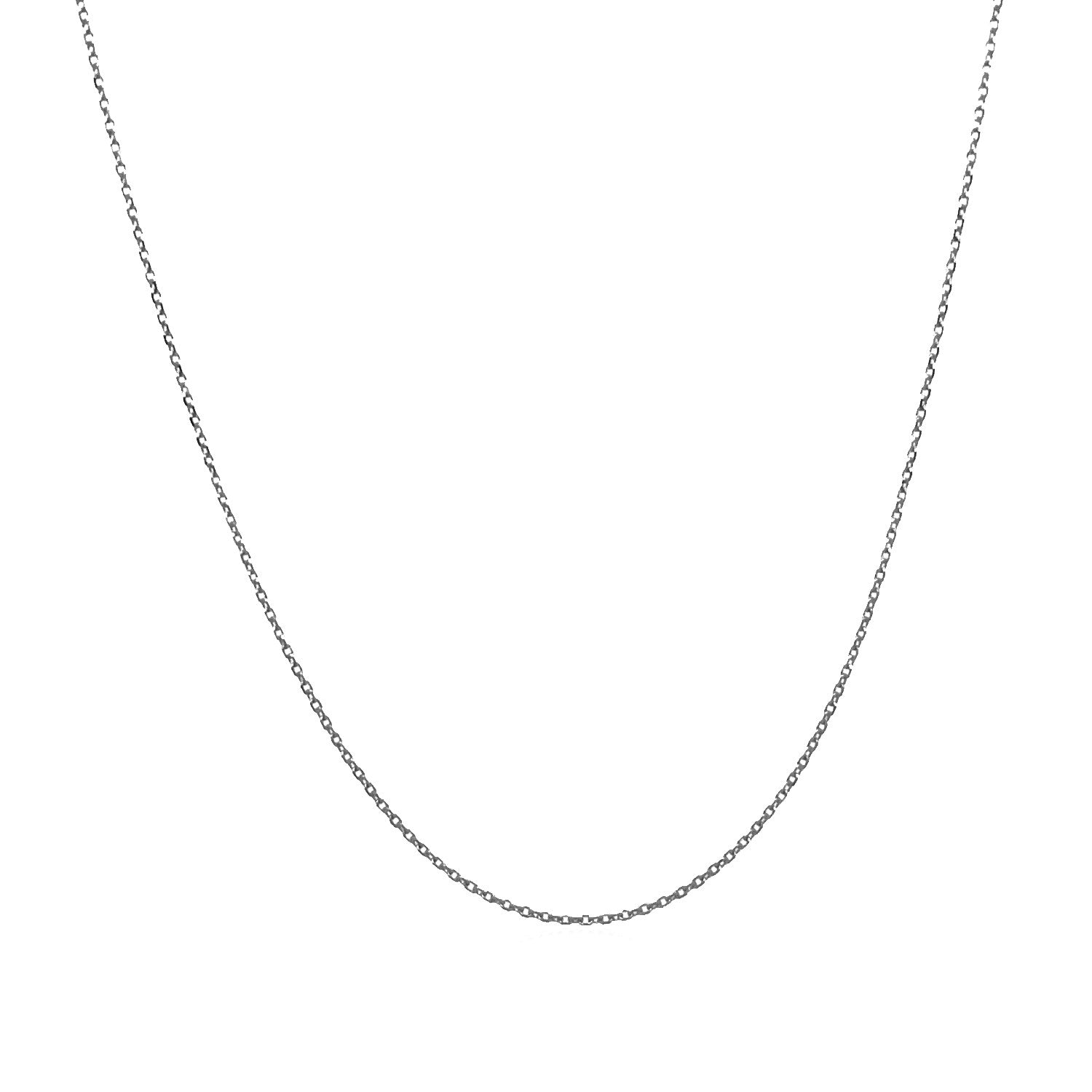Delicate diamond-cut cable link chain in 14K white gold, 0.68mm wide, offering subtle sparkle and refined style.