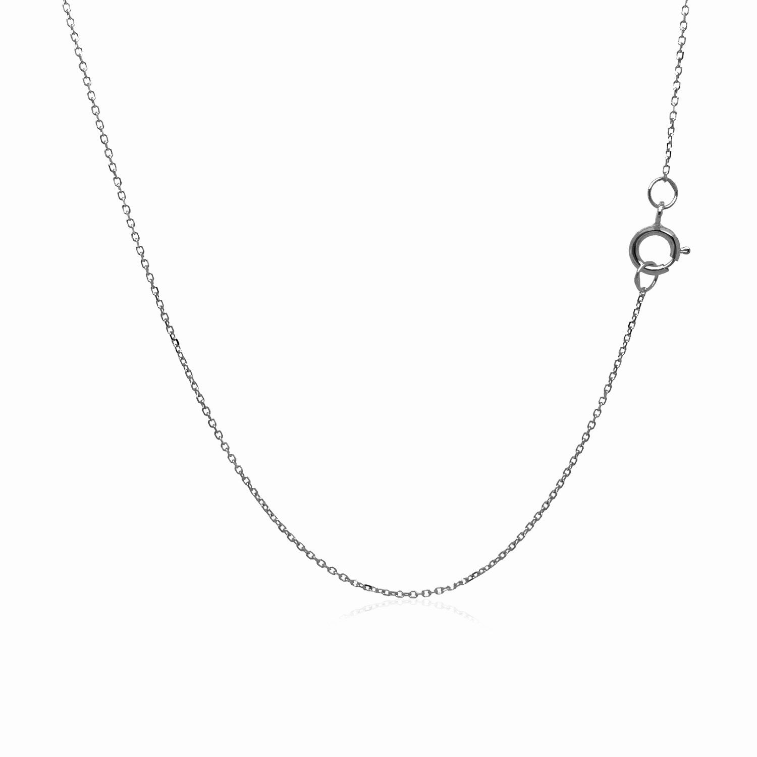 Delicate diamond-cut cable link chain in 14K white gold, 0.68mm wide, offering subtle sparkle and refined style.