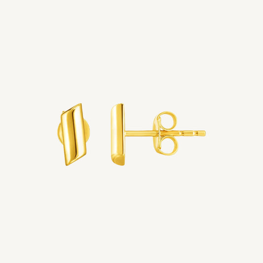 "Elegant 14k yellow gold post earrings with shiny, slightly askew rectangle design and pushback clasps"