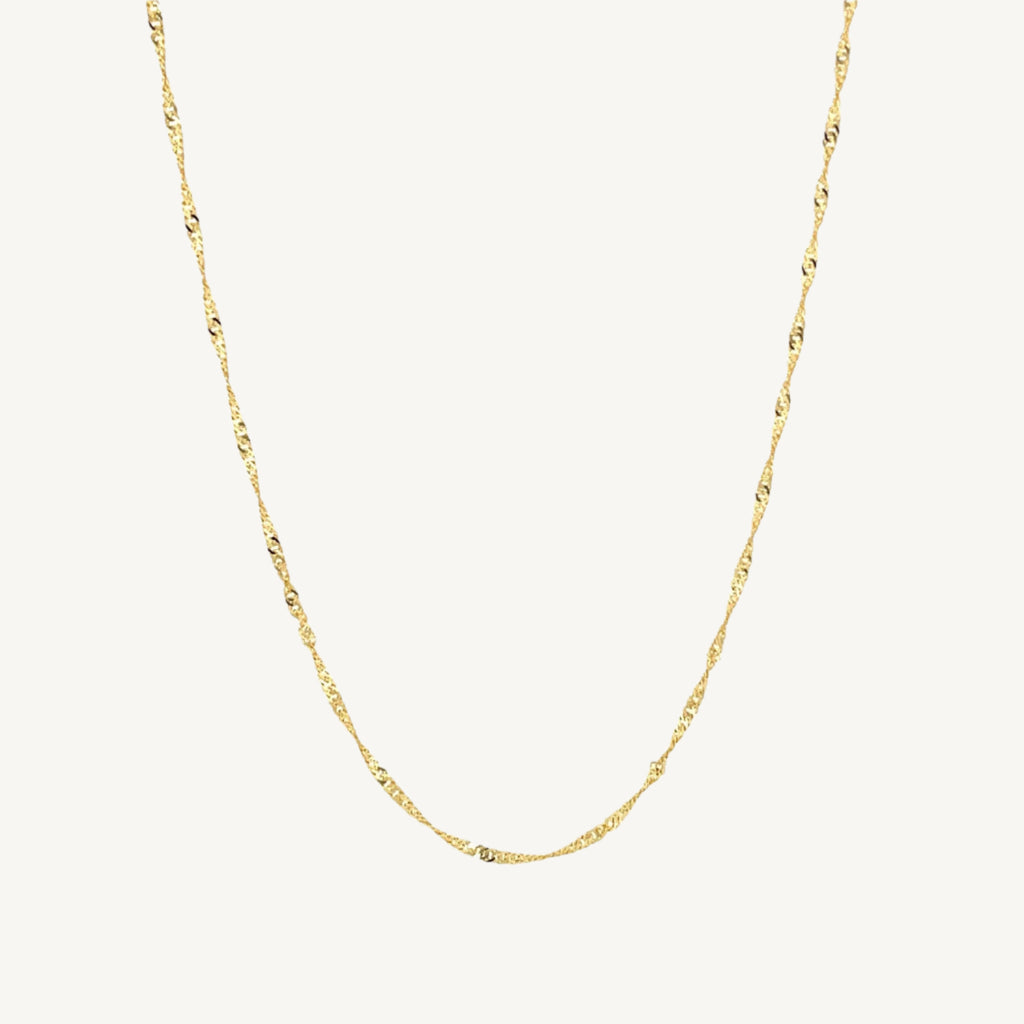 "Elegant 10k yellow gold Singapore chain, 1.50 mm wide, with a delicate twisted design and polished finish."