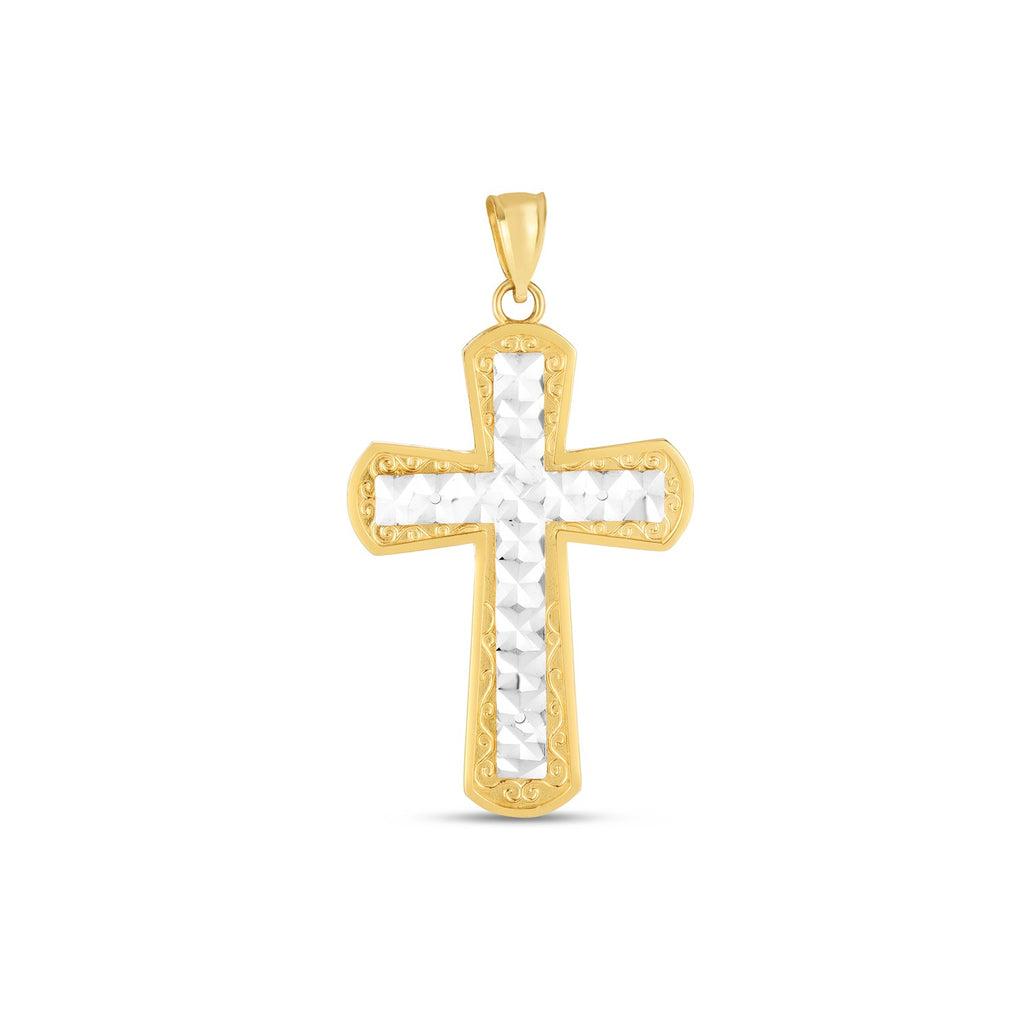 14k two-tone gold cross pendant with high polish finish and diamond cut detailing.