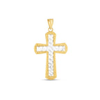 14k two-tone gold cross pendant with high polish finish and diamond cut detailing.
