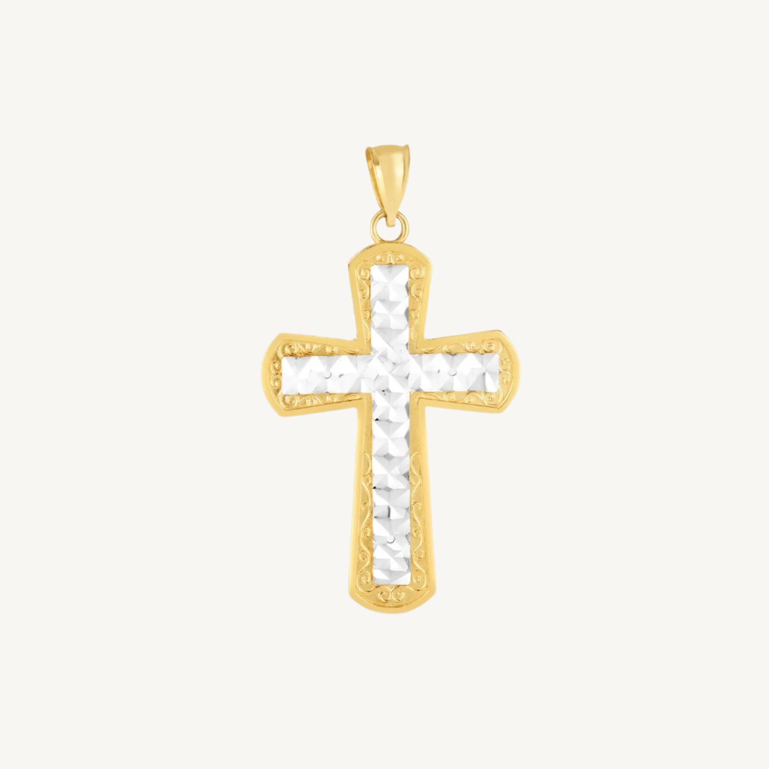 14k two-tone gold cross pendant with high polish finish and diamond cut detailing.