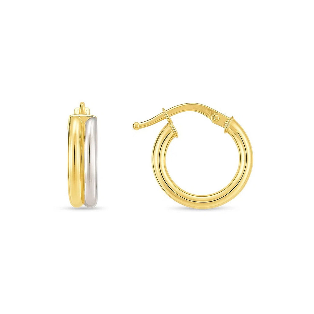 14k two-tone gold double round hoop earrings in yellow and white gold.