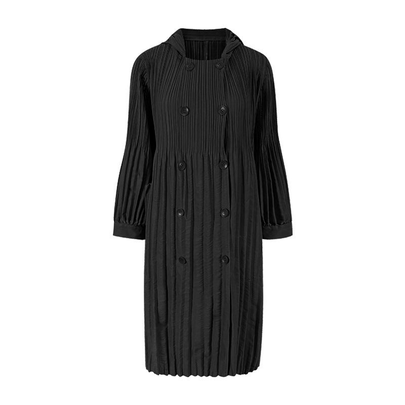 Black pleated dress with buttons on a white background