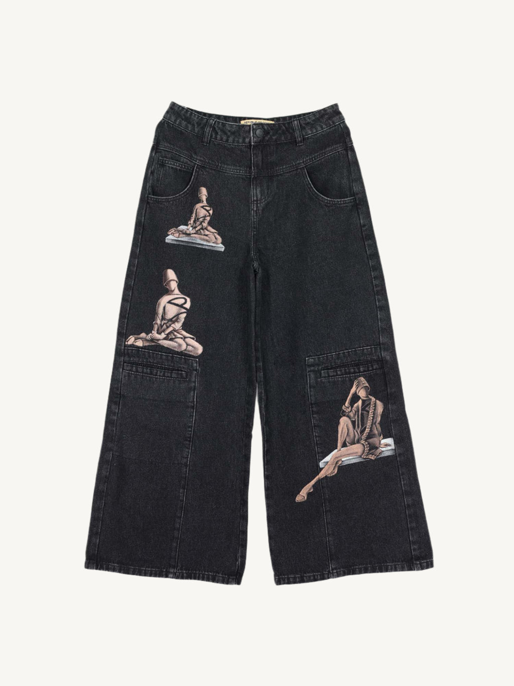 "Wide-leg denim jeans with hand-painted portraits of women as main subjects. Each pair is unique, turning the wearer into part of a living artwork."