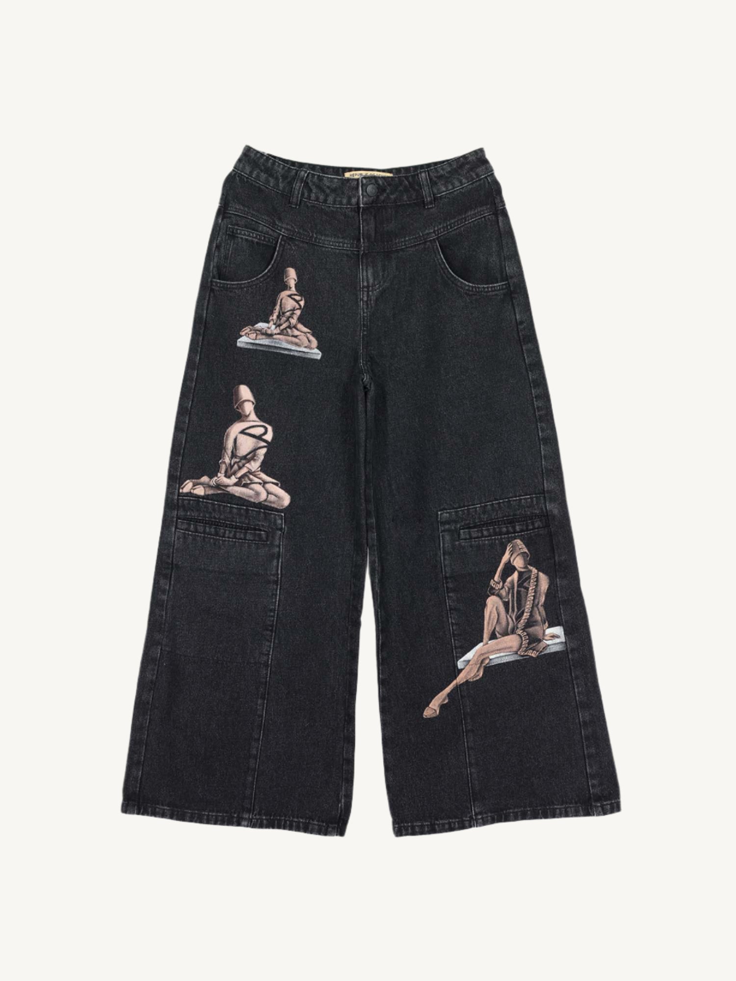 "Wide-leg denim jeans with hand-painted portraits of women as main subjects. Each pair is unique, turning the wearer into part of a living artwork."