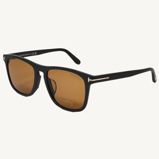 "Tom Ford unisex black sunglasses, model FT0930-F-01E-56, featuring bold square frame with brown lenses and signature Tom Ford elegance"