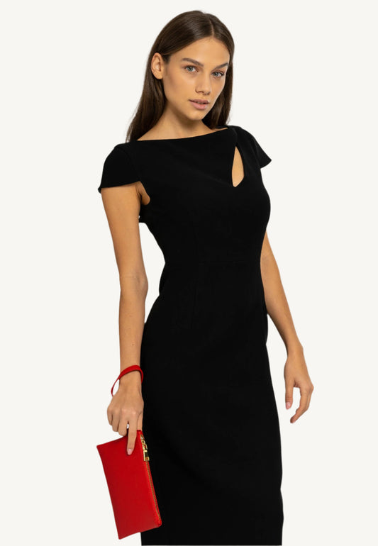 "Caterina Midi Dress in natural viscose with split V-neckline, short sleeves, subtle cut-out detail, and a fluid, elegant midi silhouette, made in Italy."