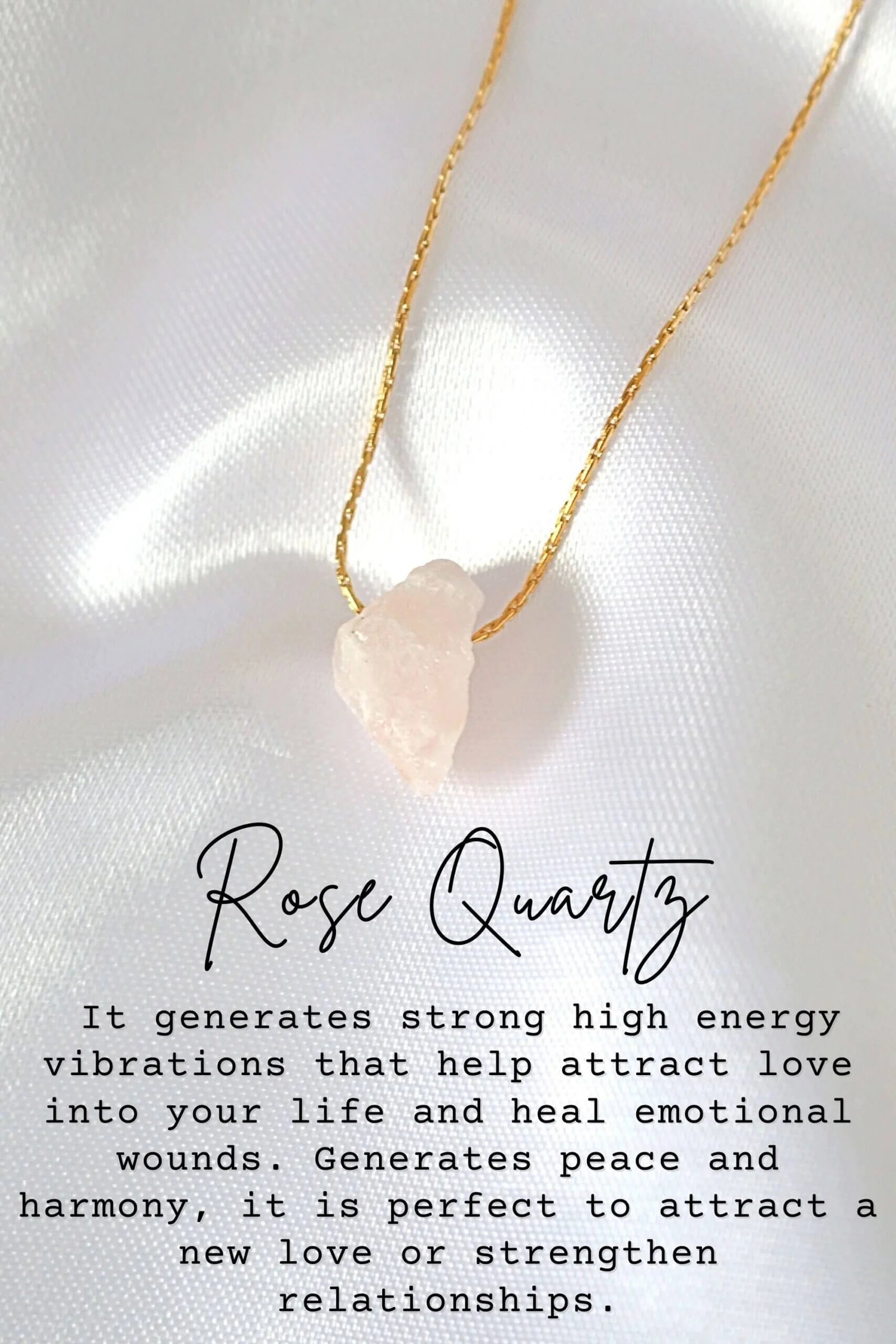 Rose Quartz necklace on a white fabric background with text about its properties.