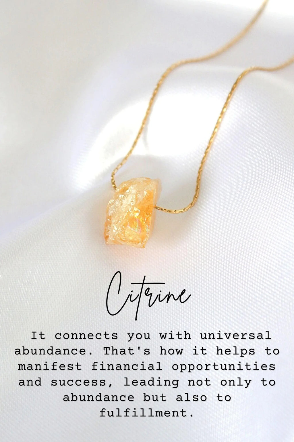 Citrine necklace on a white background with text about its properties.