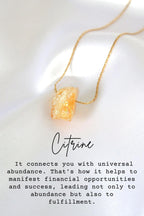 Citrine necklace on a white background with text about its properties.