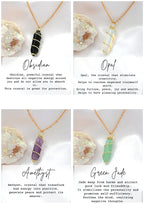 Four crystal necklaces with descriptive text on a white background