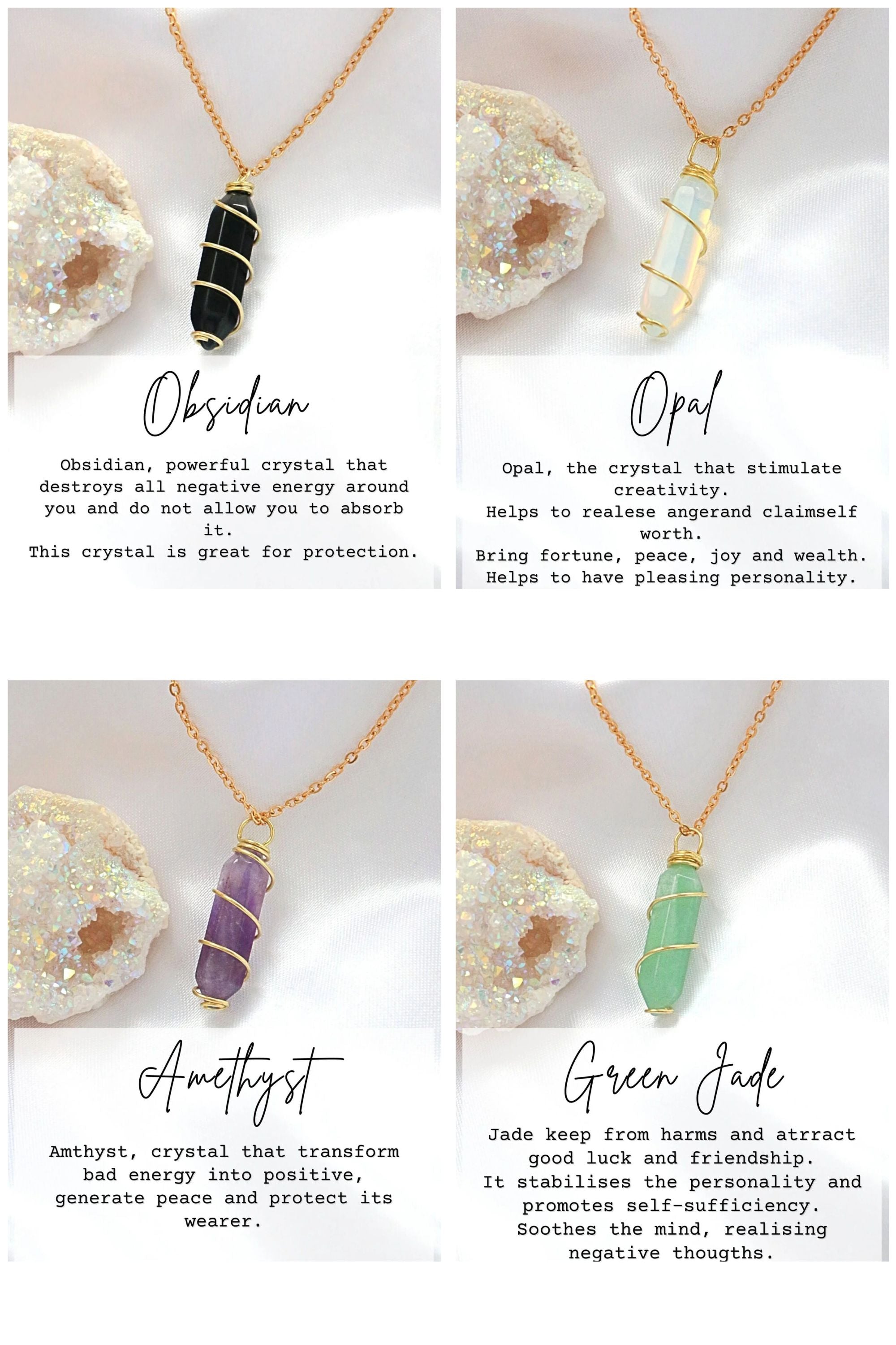 Four crystal necklaces with descriptive text on a white background