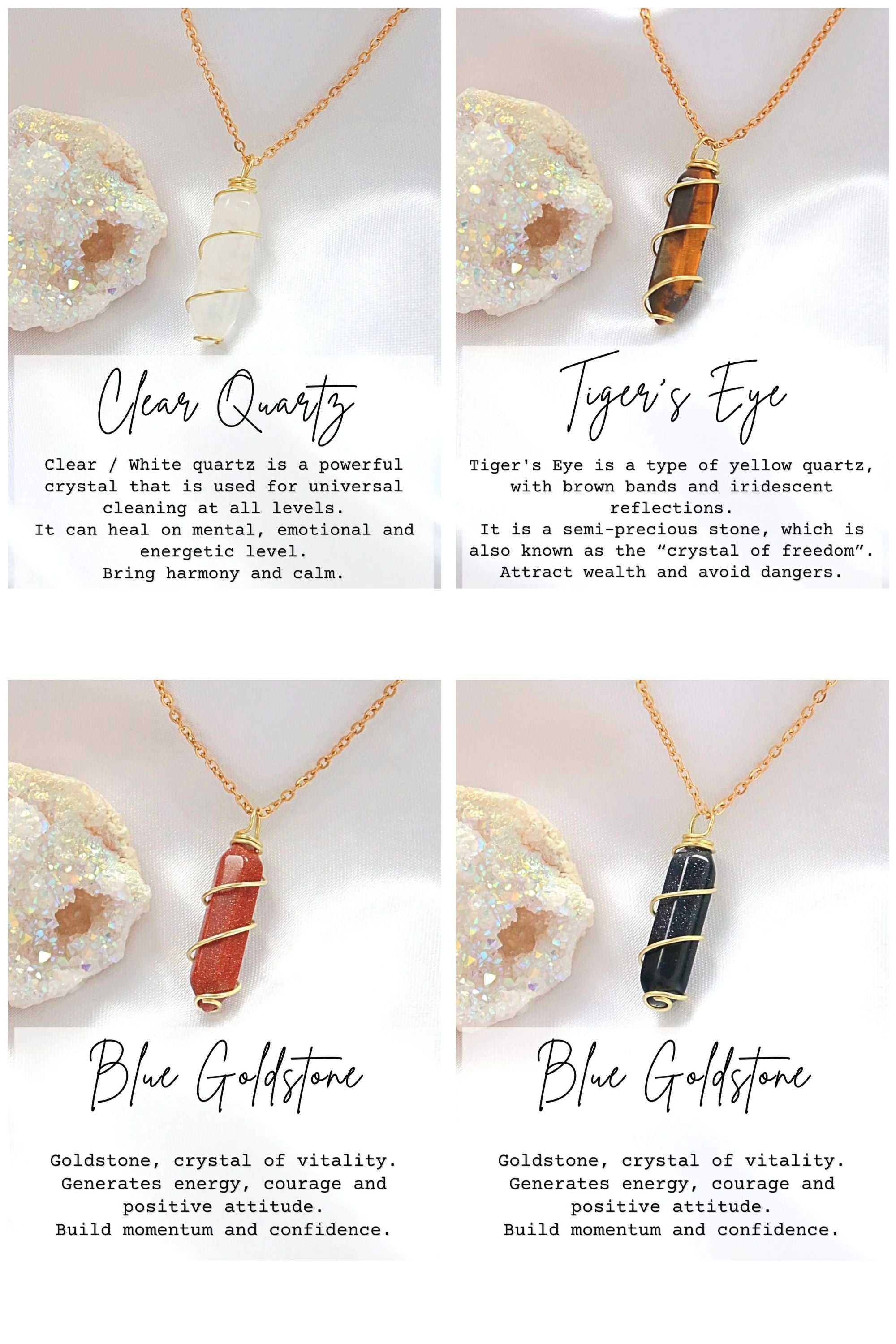 Four crystal necklaces with descriptions on a light background