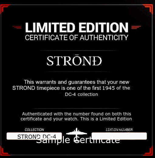 Limited Edition Certificate of Authenticity for STROND timepiece collection on a black background