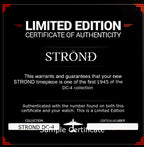 Limited Edition Certificate of Authenticity for STROND timepiece, featuring red and white text on a black background.