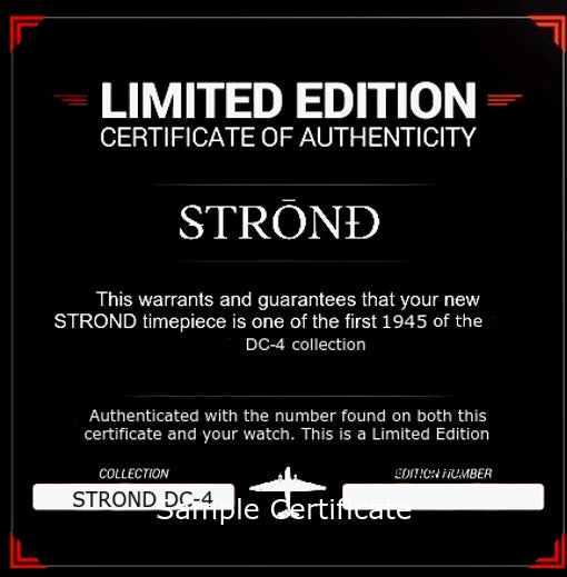 Limited Edition Certificate of Authenticity for STROND timepiece, featuring red and white text on a black background.