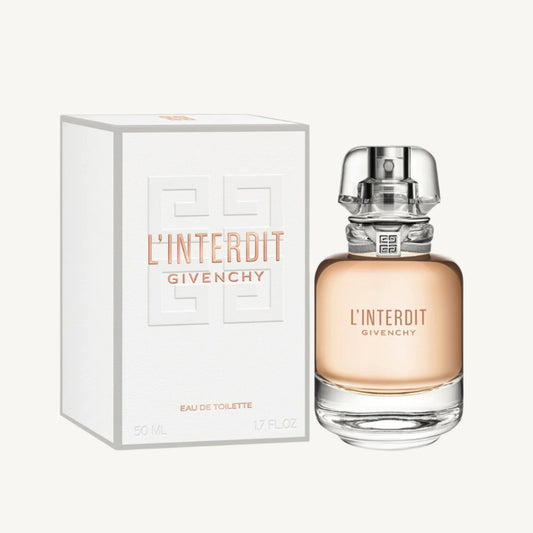 "Givenchy L’Interdit 1.7 oz Eau de Toilette Spray – elegant and modern clear bottle with a lighter floral-woody fragrance, perfect for everyday wear."